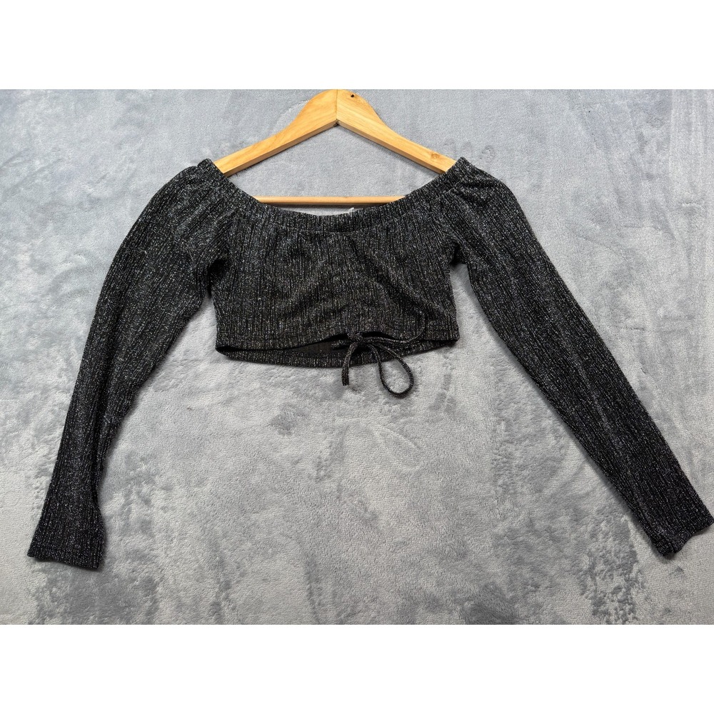 FOREVER 21 Crop Top Womens S Black Metallic Finish Off the Shoulder Tie Detail